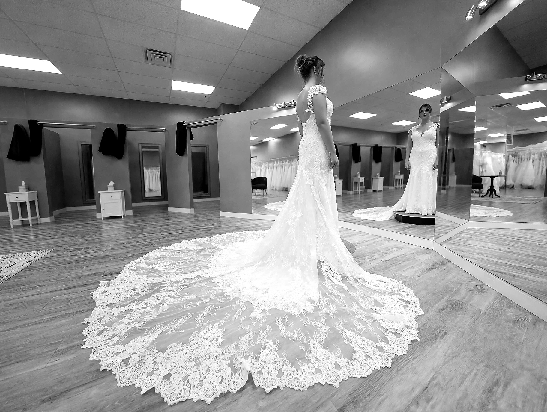 Designer wedding dresses and boutique displays at Weatherford Bridal Outlet